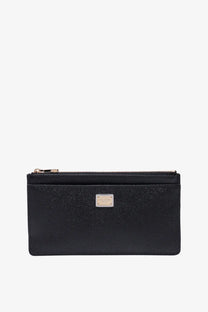 Dolce &amp; Gabbana women’s black hammered leather card holder with silver-tone metal plaque and zippered pouch detailing