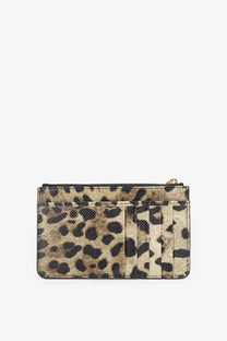 Dolce &amp; Gabbana women’s leopard print hammered leather card holder with gold tone zipper and textured faux leather material