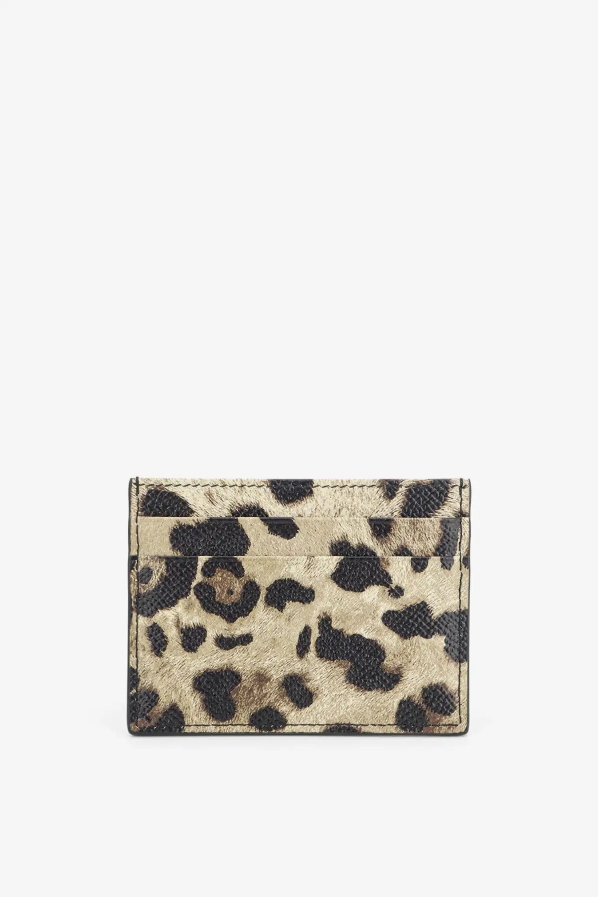 Dolce &amp; Gabbana women’s hammered leather card holder in beige and black leopard print with textured leather and stitching