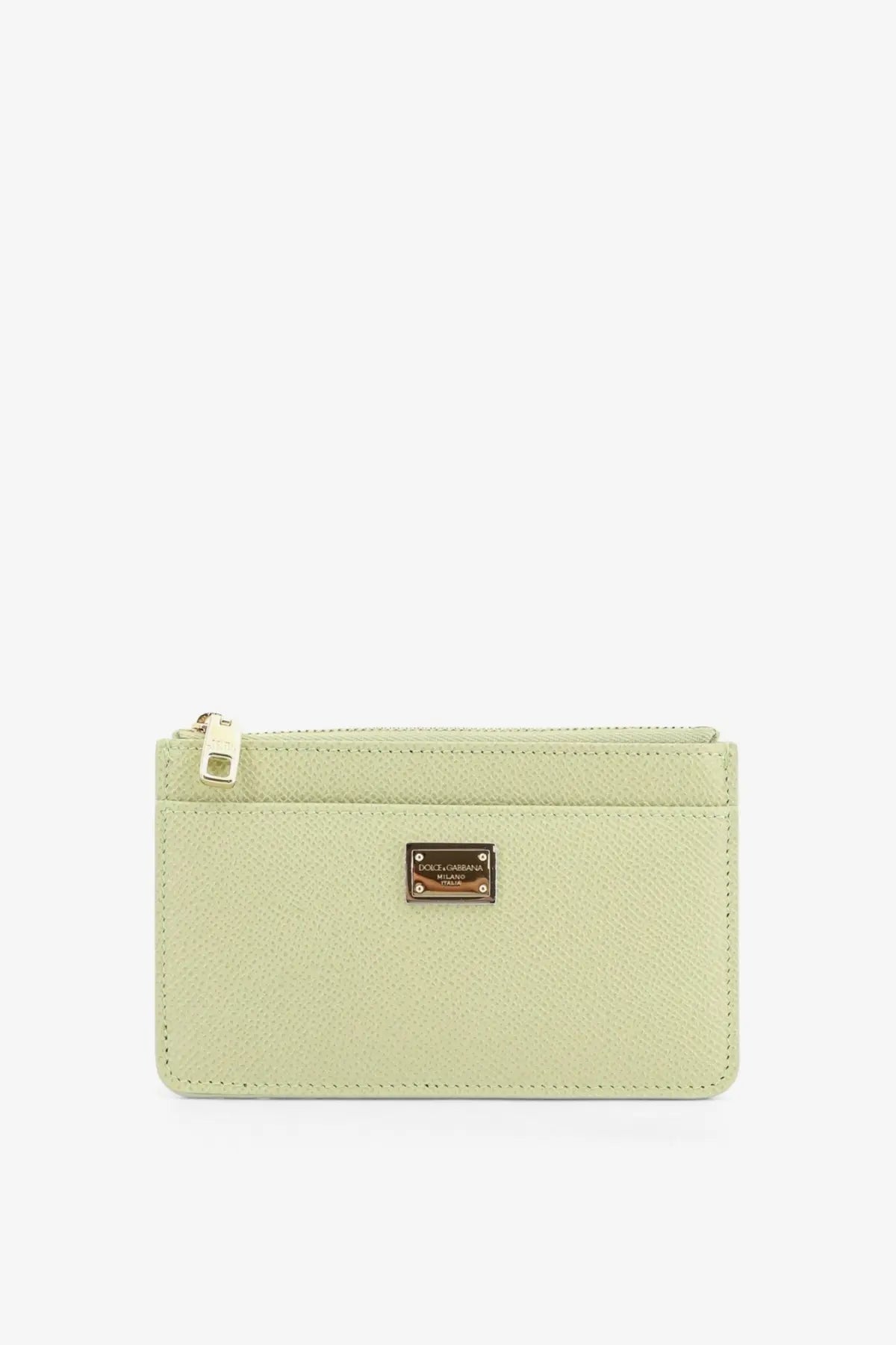 Dolce &amp; gabbana women’s hammered light green textured leather card holder with gold-tone zipper and brand plaque