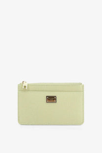 Dolce &amp; gabbana women’s hammered light green textured leather card holder with gold-tone zipper and brand plaque