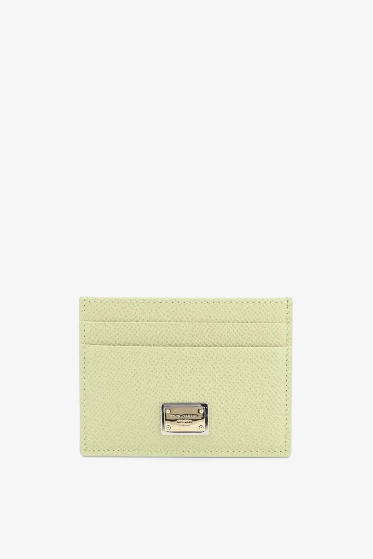 Dolce &amp; Gabbana women’s hammered textured pale green leather card holder with silver metal logo plaque in salvia color