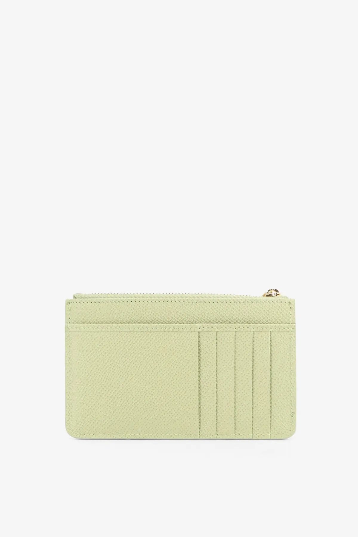 Dolce &amp; Gabbana women’s hammered leather card holder in pale green with textured finish and gold-toned zipper pull