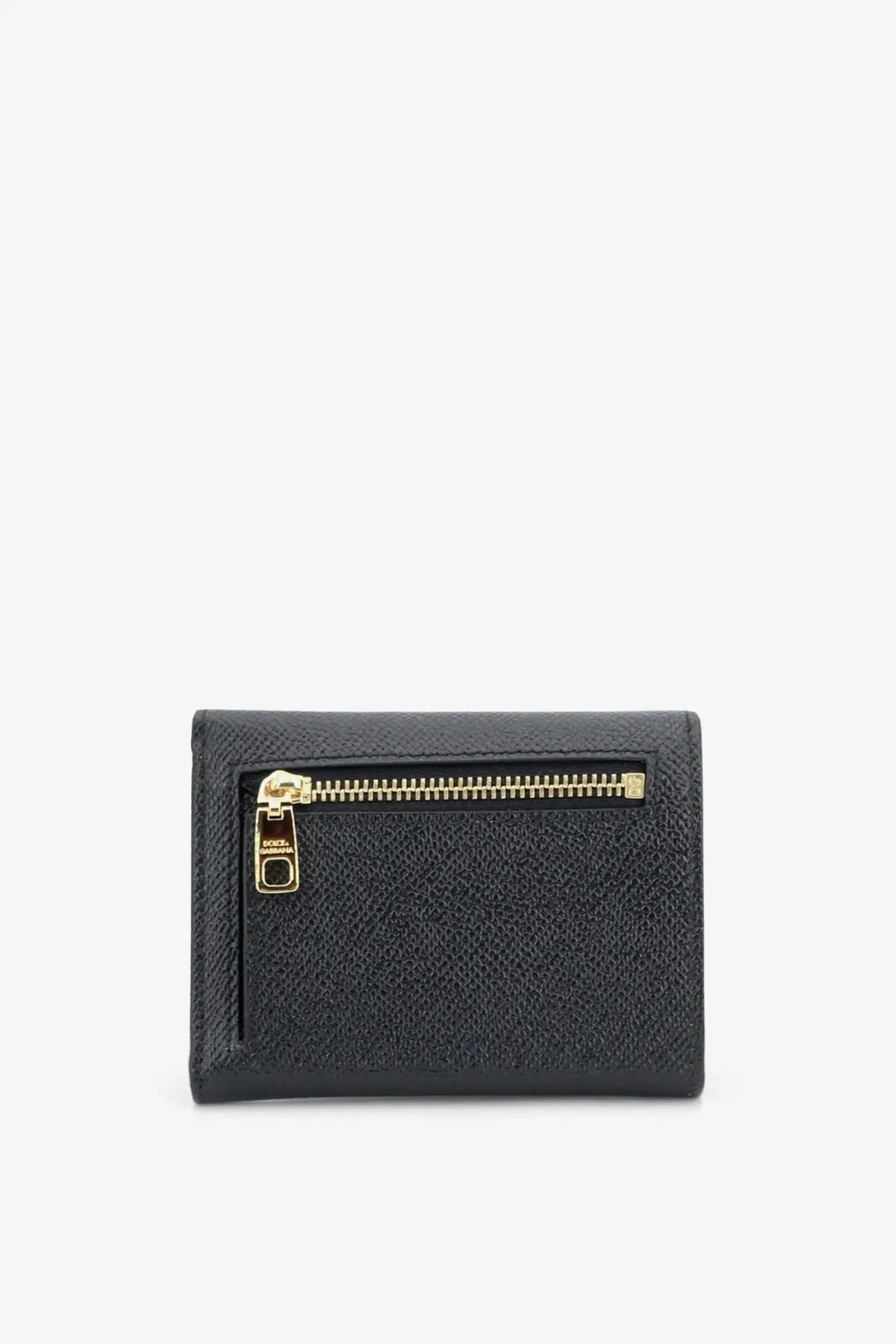 Dolce &amp; Gabbana women’s hammered black leather wallet with textured finish gold tone zipper and pull tab