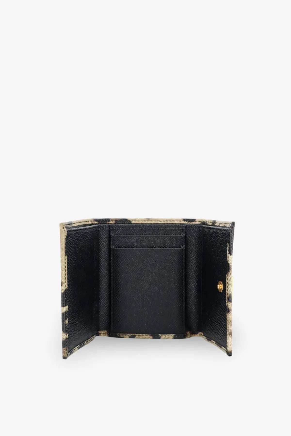 Dolce and gabbana women’s hammered leather wallet featuring black and beige leopard print and textured interior