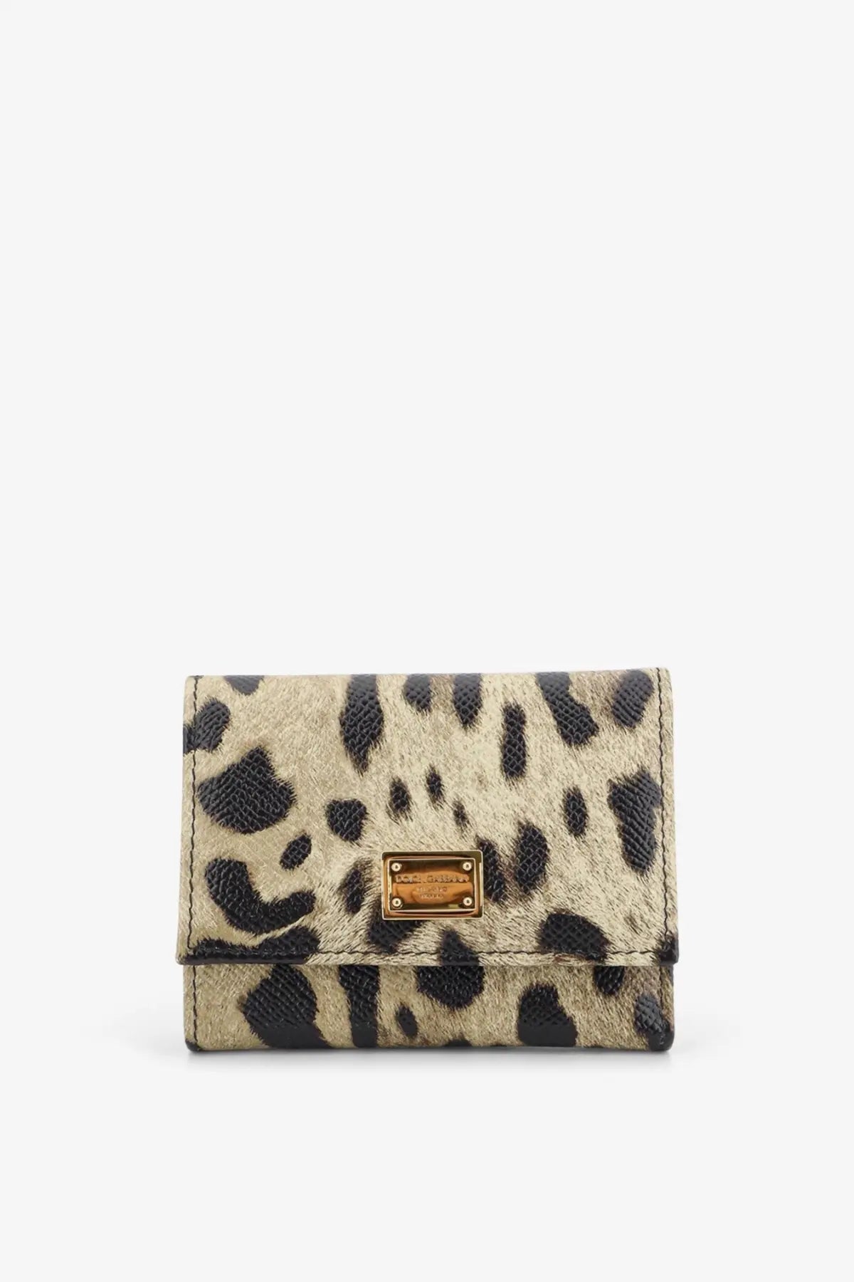 Dolce &amp; Gabbana women’s compact beige and black leopard-print hammered leather wallet with gold-tone plaque