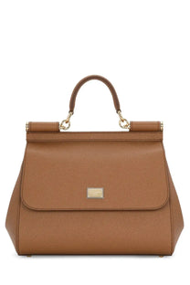 Dolce &amp; Gabbana women’s large beige Sicily handbag in tan leather with gold-tone hardware and front flap closure