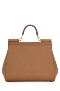 Dolce &amp; Gabbana women’s large beige Sicily handbag in tan leather with gold-tone hardware and top handle