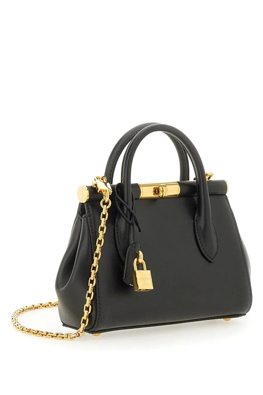 Dolce &amp; Gabbana women’s black leather handbag Marlene with gold-tone hardware chain strap and lock detail