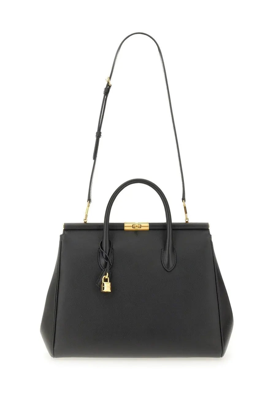 Dolce &amp; gabbana women’s black leather satchel handbag with gold-tone hardware and detachable shoulder strap
