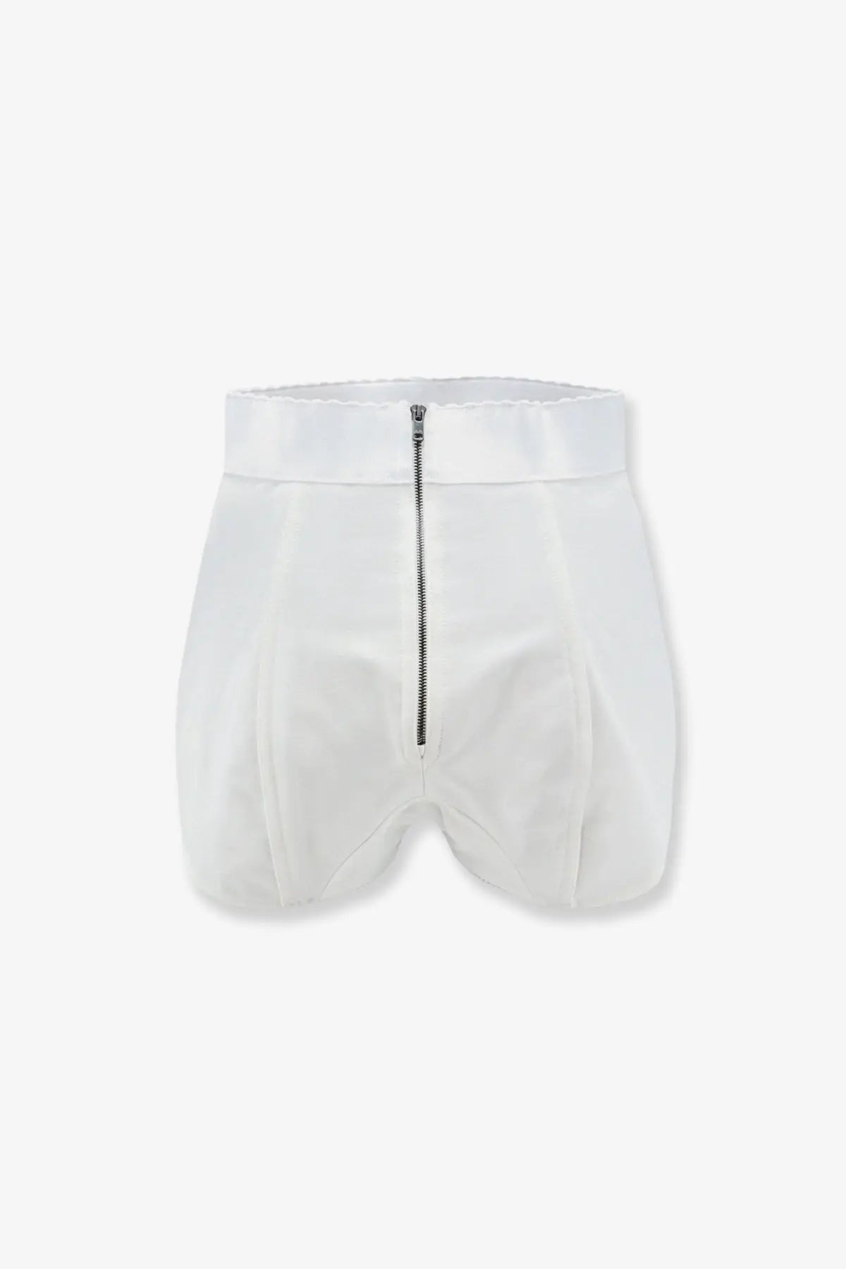 Back view of dolce &amp; gabbana white jacquard and lace high waisted shorts with satin waistband and central zipper