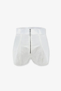 Back view of dolce &amp; gabbana white jacquard and lace high waisted shorts with satin waistband and central zipper