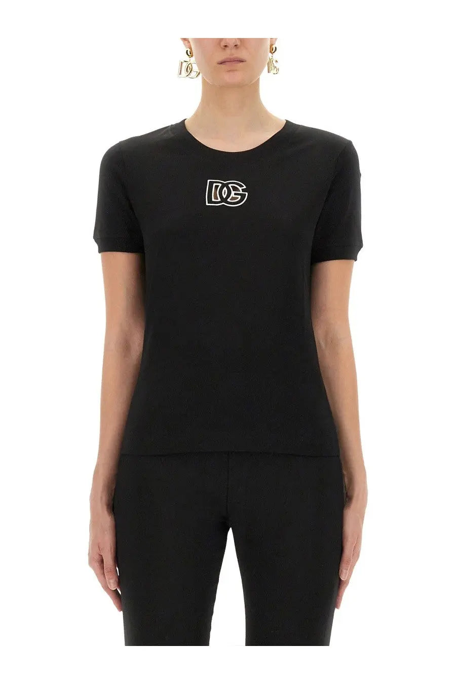 Dolce &amp; Gabbana women’s black jersey t-shirt with short sleeves and white embroidered D&amp;G logo on the chest
