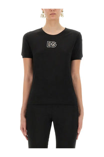 Dolce &amp; Gabbana women’s black jersey t-shirt with short sleeves and white embroidered D&amp;G logo on the chest