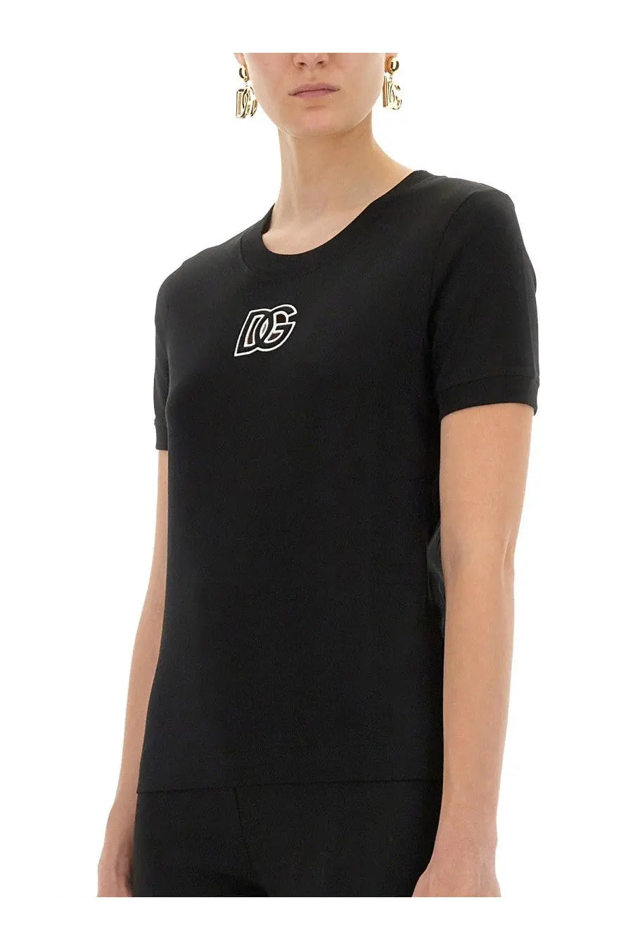 Black dolce and gabbana women’s jersey t-shirt with white embroidered logo on the chest