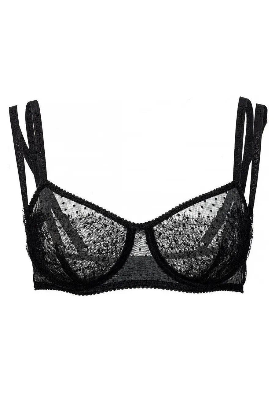 Dolce &amp; Gabbana women’s black lace balconette bra with delicate polka dot pattern and thin straps