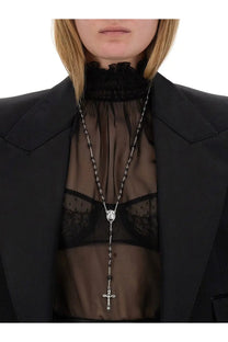 Silver-toned rosary necklace with oval medallion and crucifix featuring alternating metal beads for dolce &amp; gabbana bra