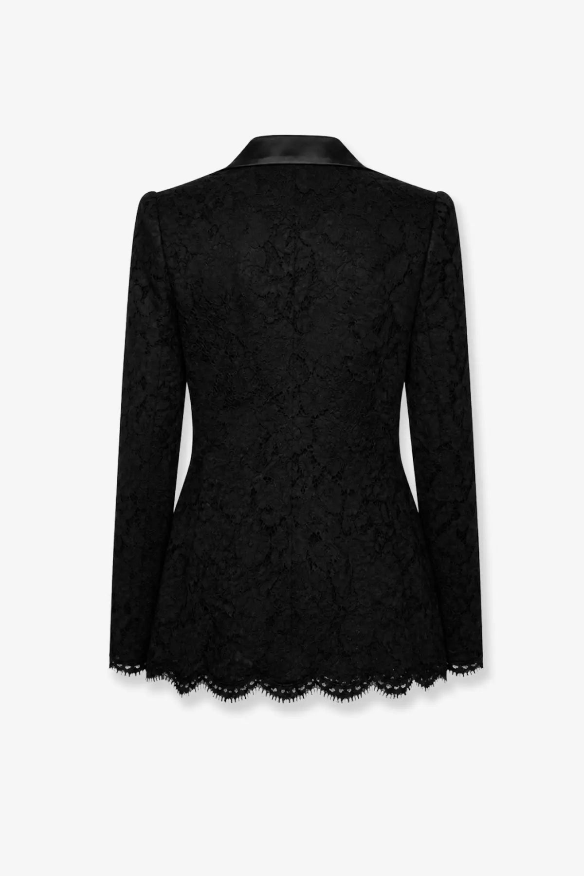 Dolce and gabbana women’s black lace dress featuring a black lace blazer with satin collar and scalloped hem