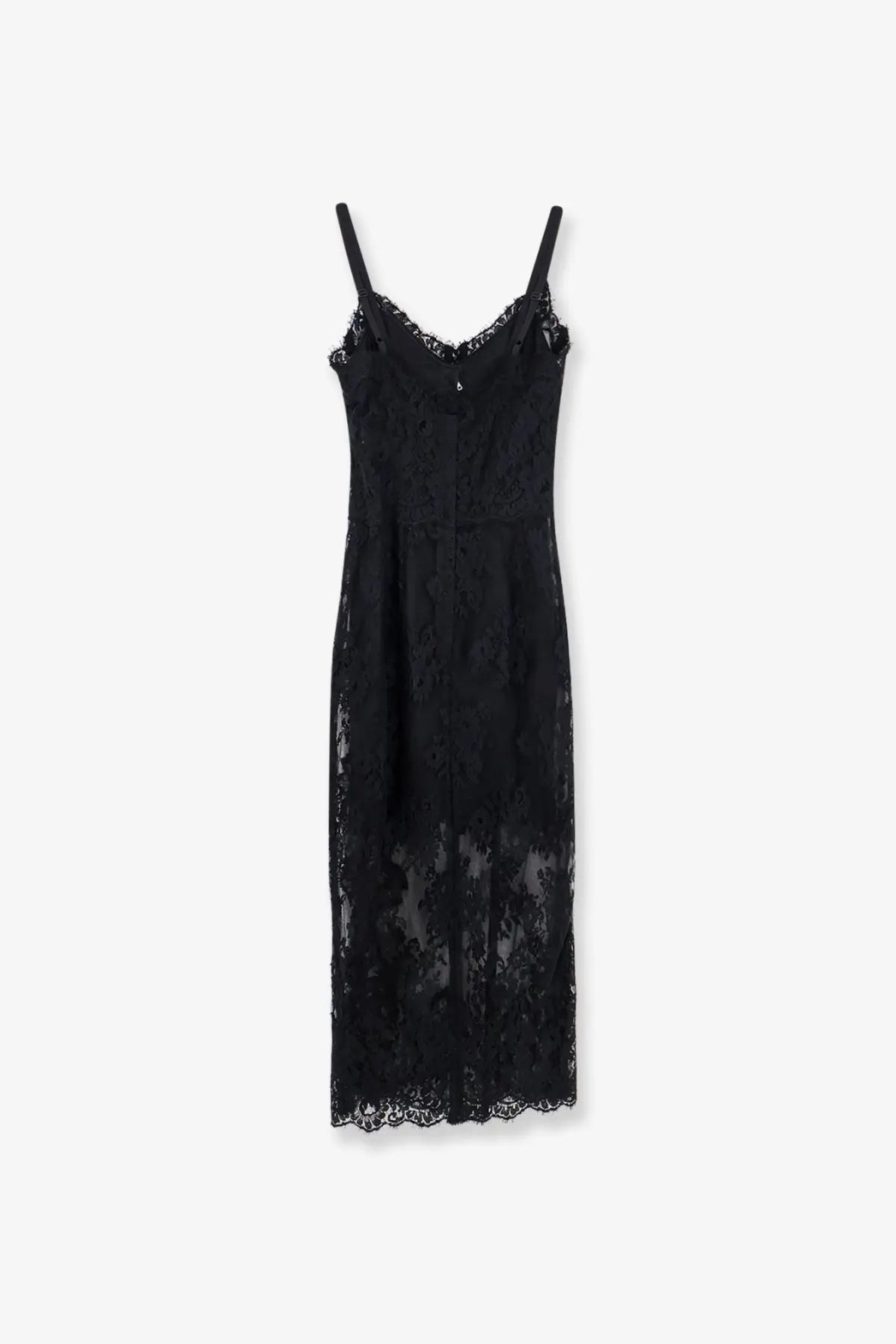 Dolce &amp; Gabbana women’s black lace midi dress with delicate floral patterns and thin spaghetti straps