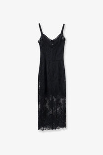 Dolce &amp; Gabbana women’s black lace midi dress with delicate floral patterns and thin spaghetti straps