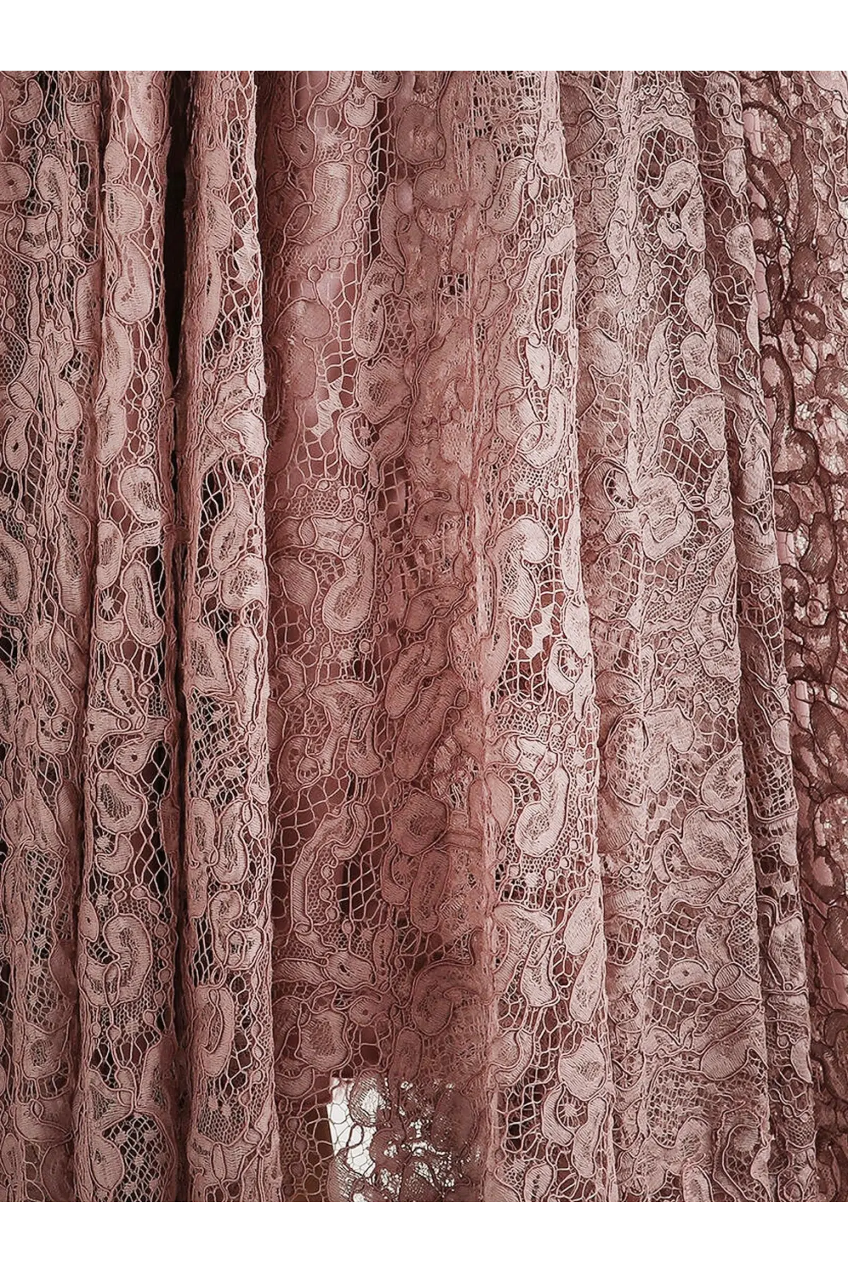 Dolce &amp; Gabbana women’s lace dress in malva featuring delicate dusty rose lace curtain with intricate floral scrollwork patterns
