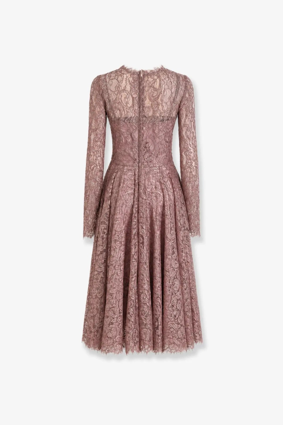 Dolce &amp; Gabbana women’s malva rose gold lace midi dress with long sleeves and a fitted bodice