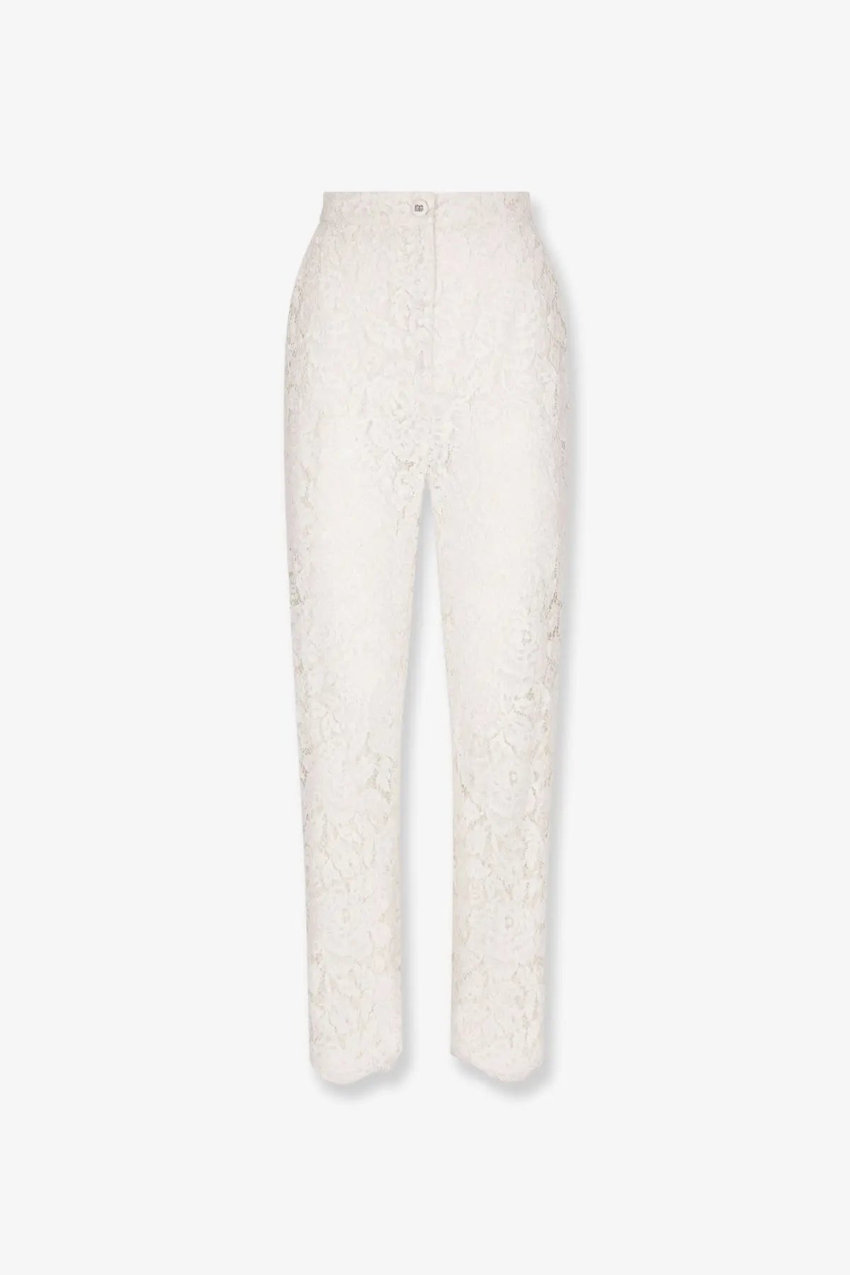Dolce &amp; Gabbana women’s cream-colored high waist lace trousers with a straight-leg cut in white lace fabric