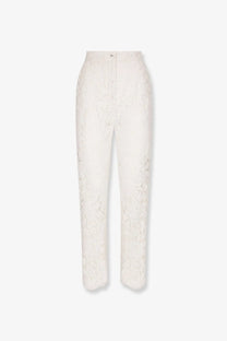 Dolce &amp; Gabbana women’s cream-colored high waist lace trousers with a straight-leg cut in white lace fabric
