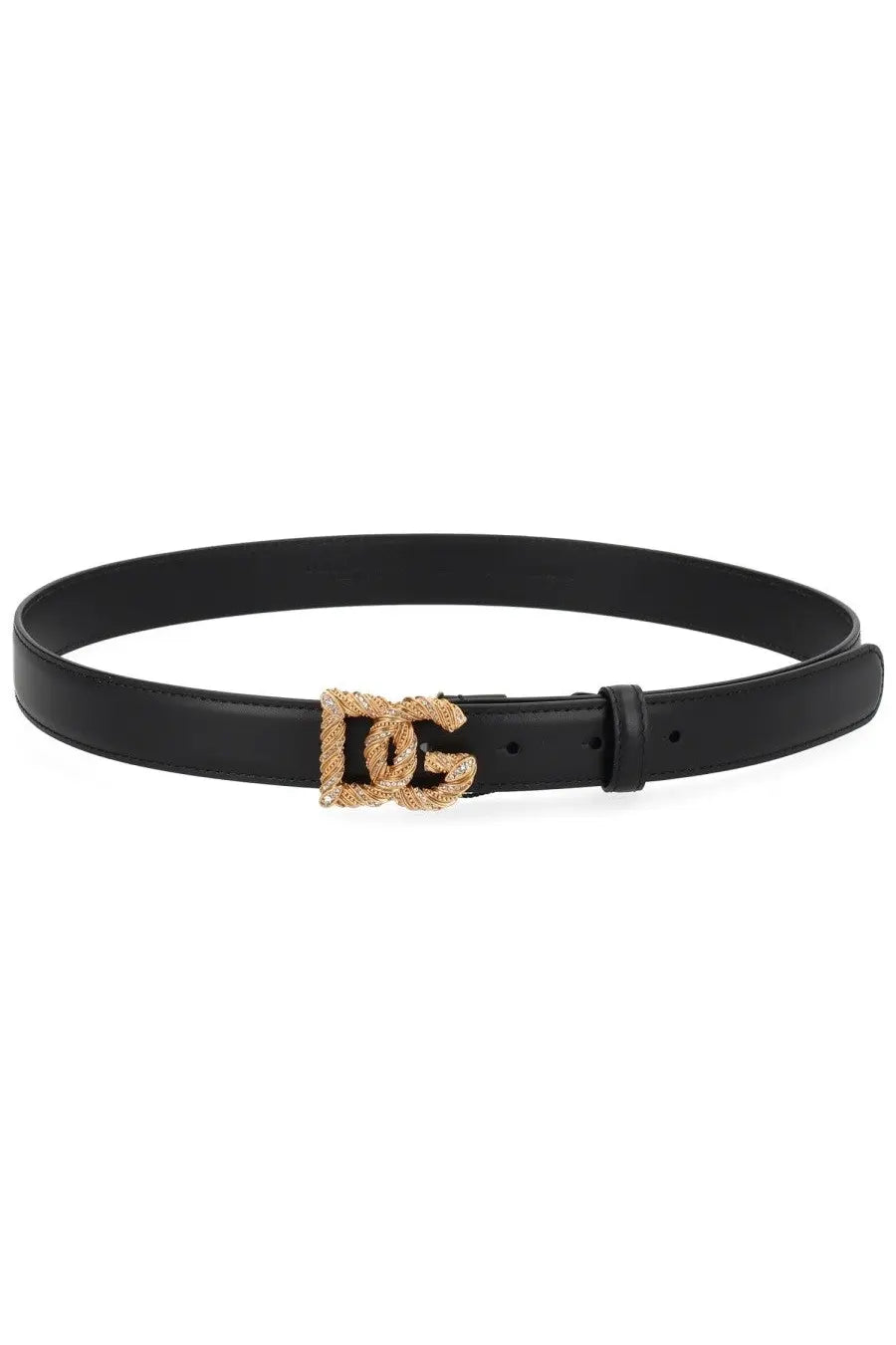 Dolce &amp; Gabbana women’s black leather belt with a gold-toned rope-textured dg buckle