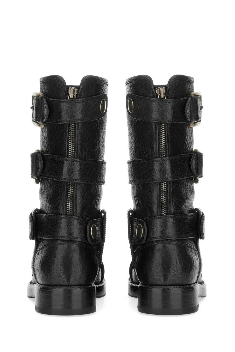 Dolce &amp; Gabbana women’s black leather biker boots with multiple adjustable straps and silver toned buckles