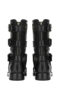 Dolce &amp; Gabbana women’s black leather biker boots with multiple adjustable straps and silver toned buckles