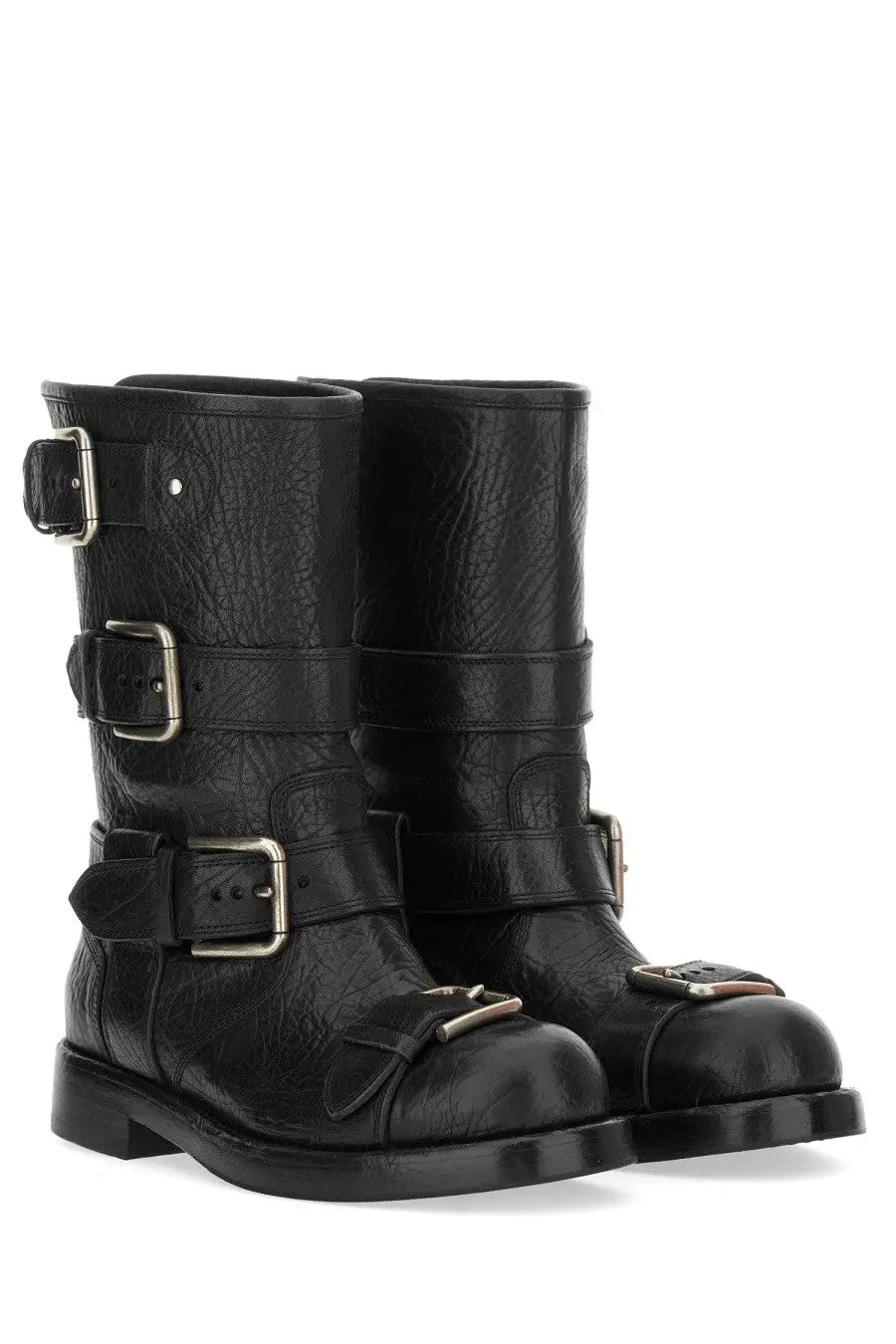 Dolce &amp; Gabbana women’s black leather biker boots with three silver buckle straps and textured surface