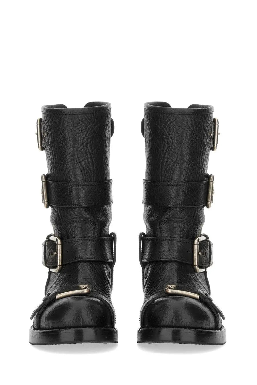 Dolce &amp; Gabbana women’s black leather combat boots with three silver buckle straps and cracked textured finish