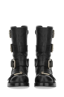 Dolce &amp; Gabbana women’s black leather combat boots with three silver buckle straps and cracked textured finish