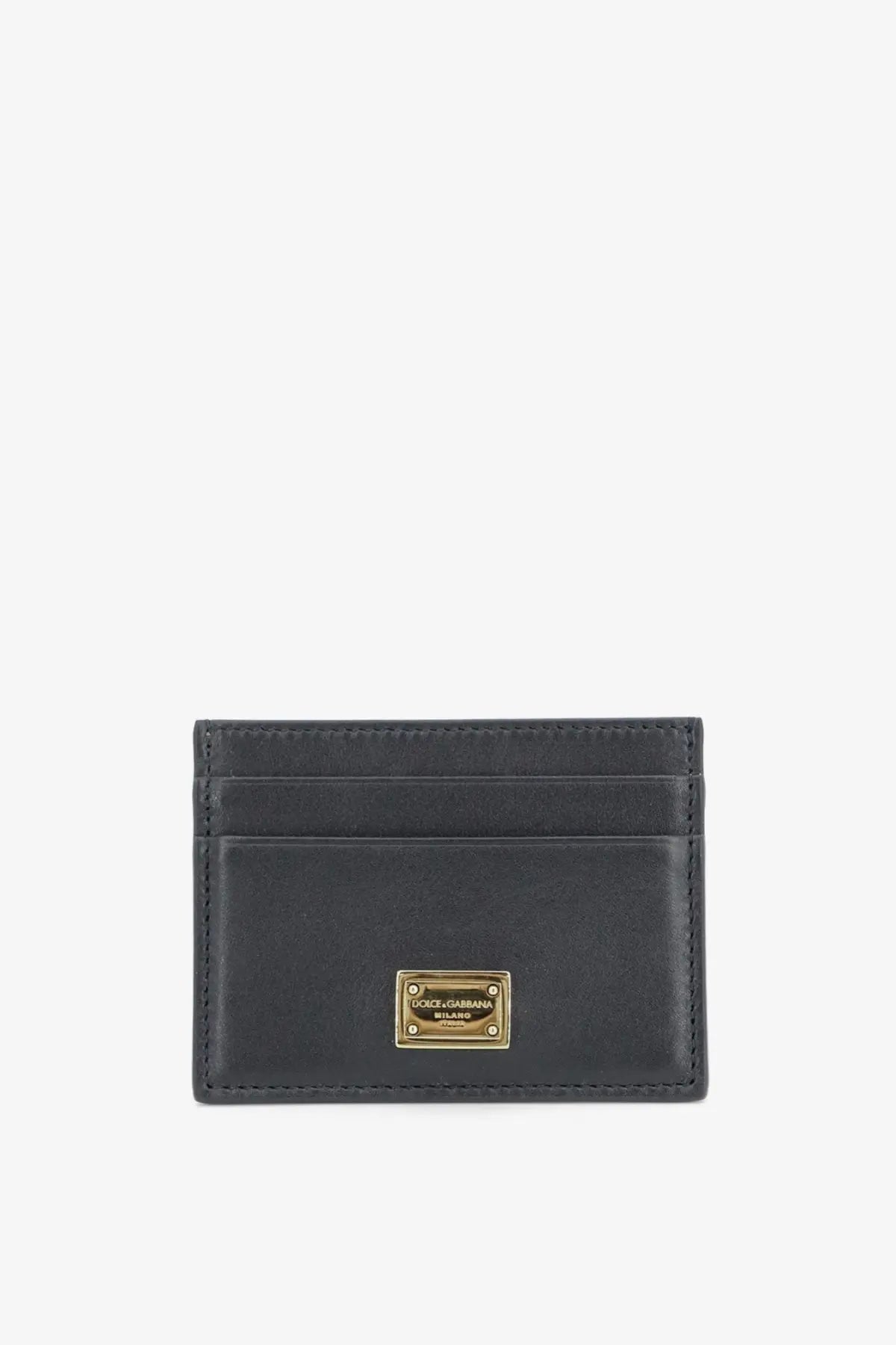 Dolce &amp; Gabbana women’s black leather card holder with gold-tone metal plaque front view