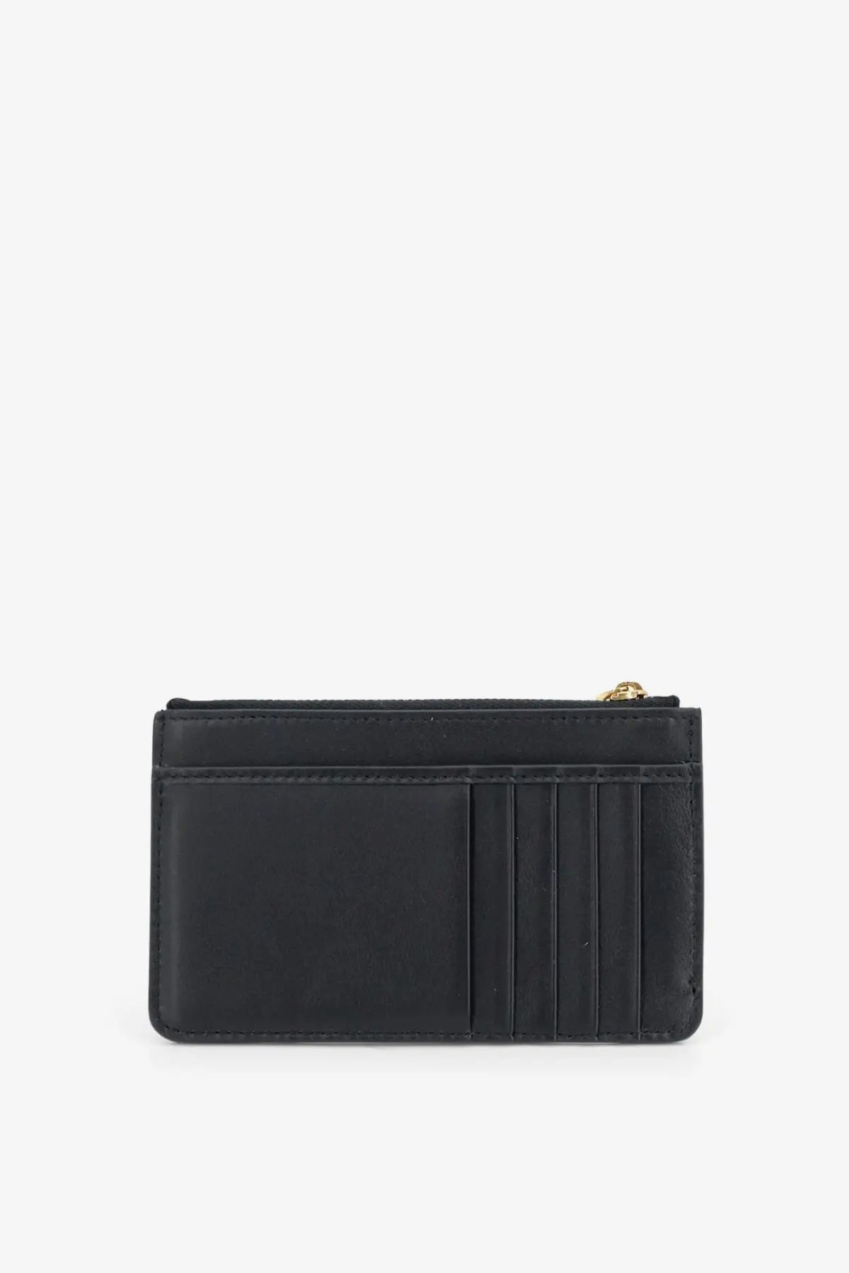 Dolce &amp; Gabbana women’s black leather card holder with gold-tone zipper pull for stylish card organization