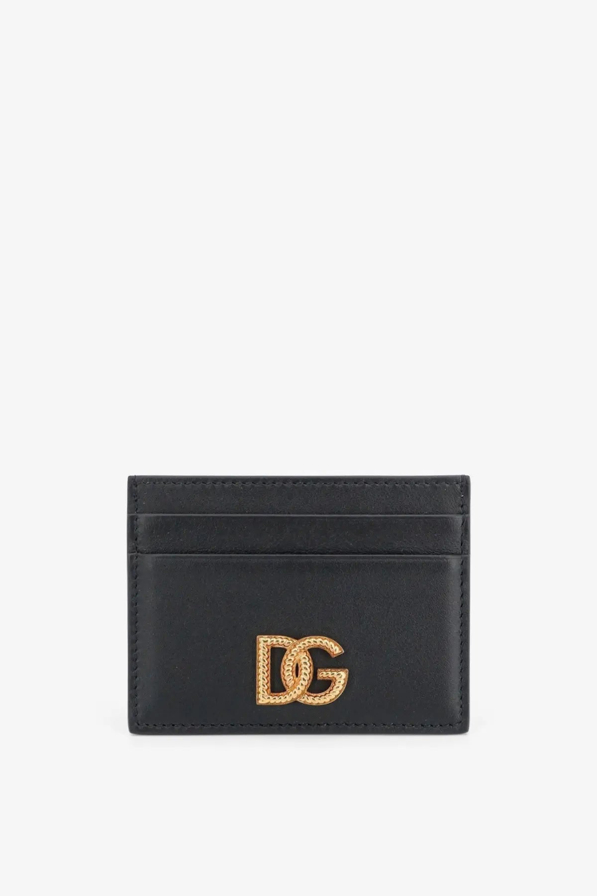 Dolce &amp; Gabbana women’s black leather card holder with gold-tone dg logo emblem