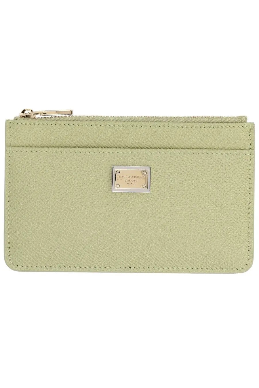 Dolce &amp; Gabbana women’s pale green textured leather card holder with silver metal plaque and zipper closure