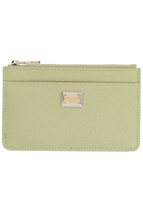Dolce &amp; Gabbana women’s pale green textured leather card holder with silver metal plaque and zipper closure