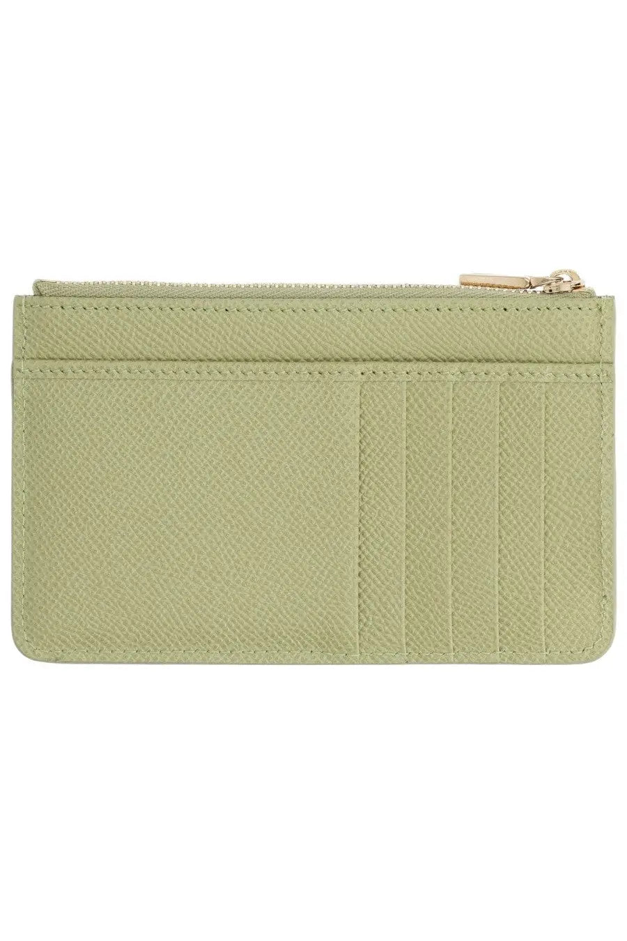 Dolce &amp; Gabbana women’s sage green leather card holder with gold-toned zipper and vertical stitching detail