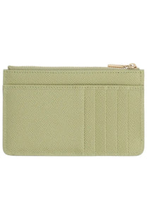 Dolce &amp; Gabbana women’s sage green leather card holder with gold-toned zipper and vertical stitching detail