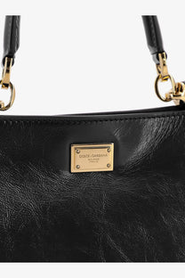 Dolce &amp; gabbana women’s black leather crossbody bag with gold-tone hardware and rectangular brand plaque