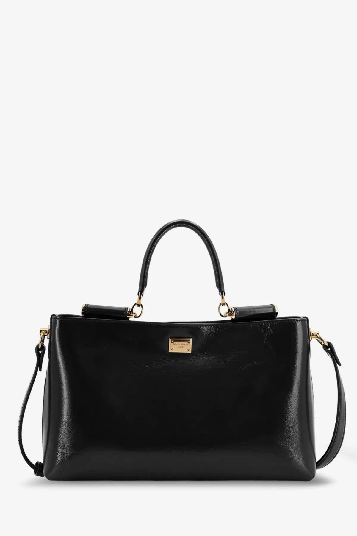 Dolce and Gabbana women’s black leather crossbody bag with gold-tone hardware and rectangular metal plaque detail