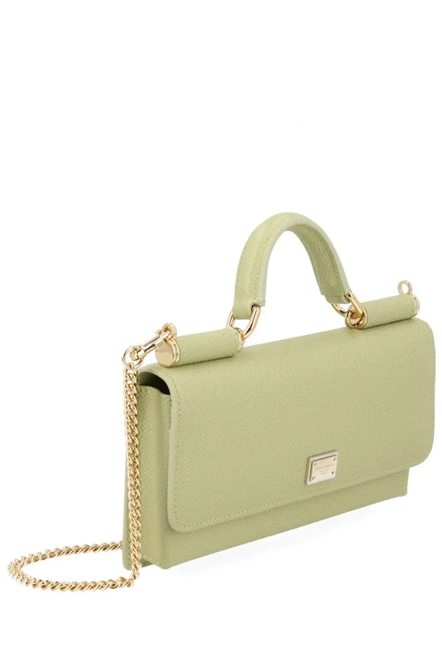 Dolce &amp; Gabbana women’s pale green leather mini bag with gold-tone chain strap and top handle minimalist design