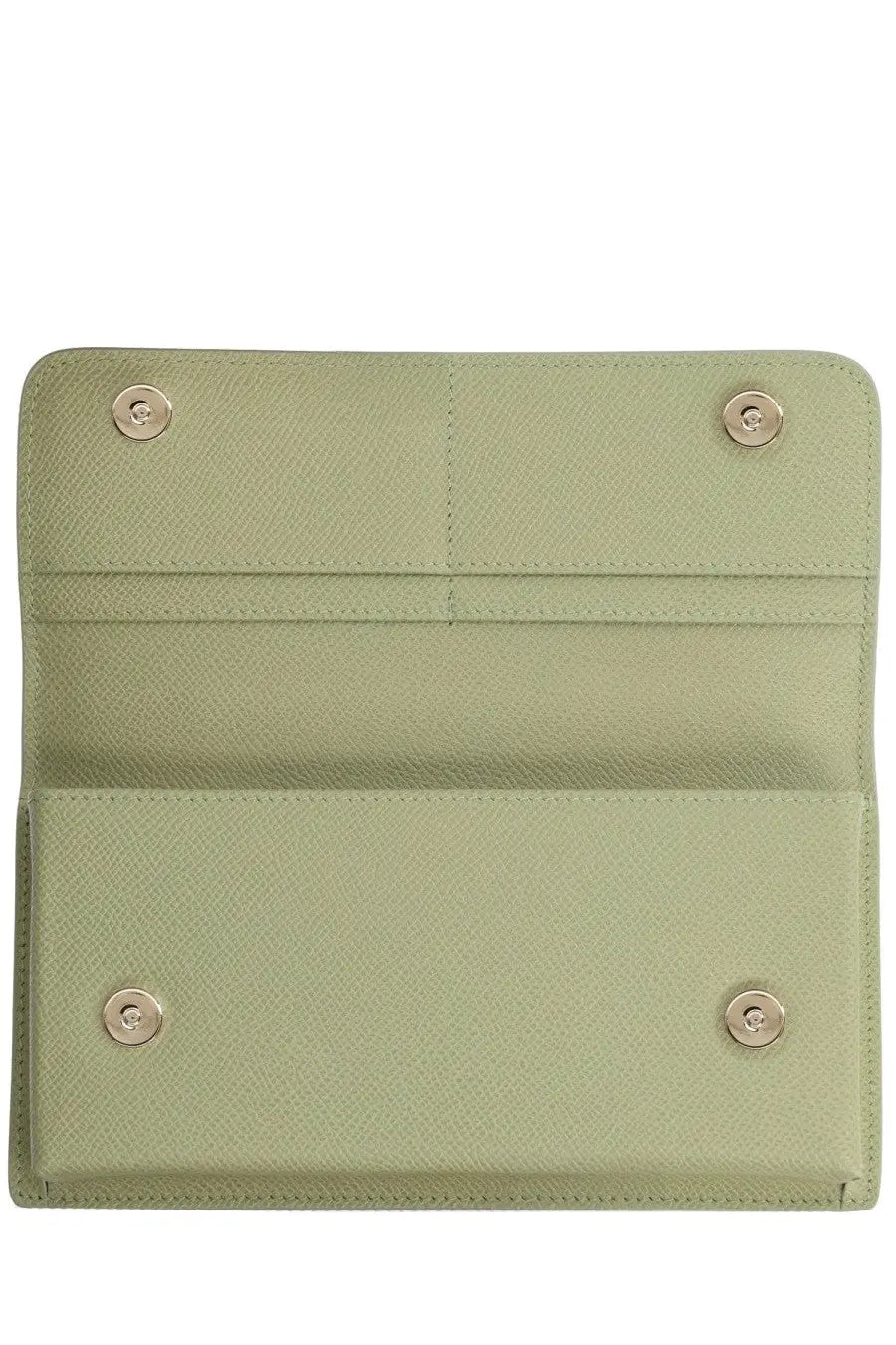 Dolce &amp; Gabbana women’s leather mini bag in sage green with textured surface and gold tone snap buttons