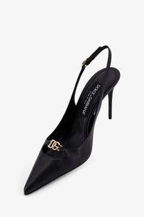 Dolce &amp; Gabbana women’s black leather slingback pump with gold-tone DG logo clasp