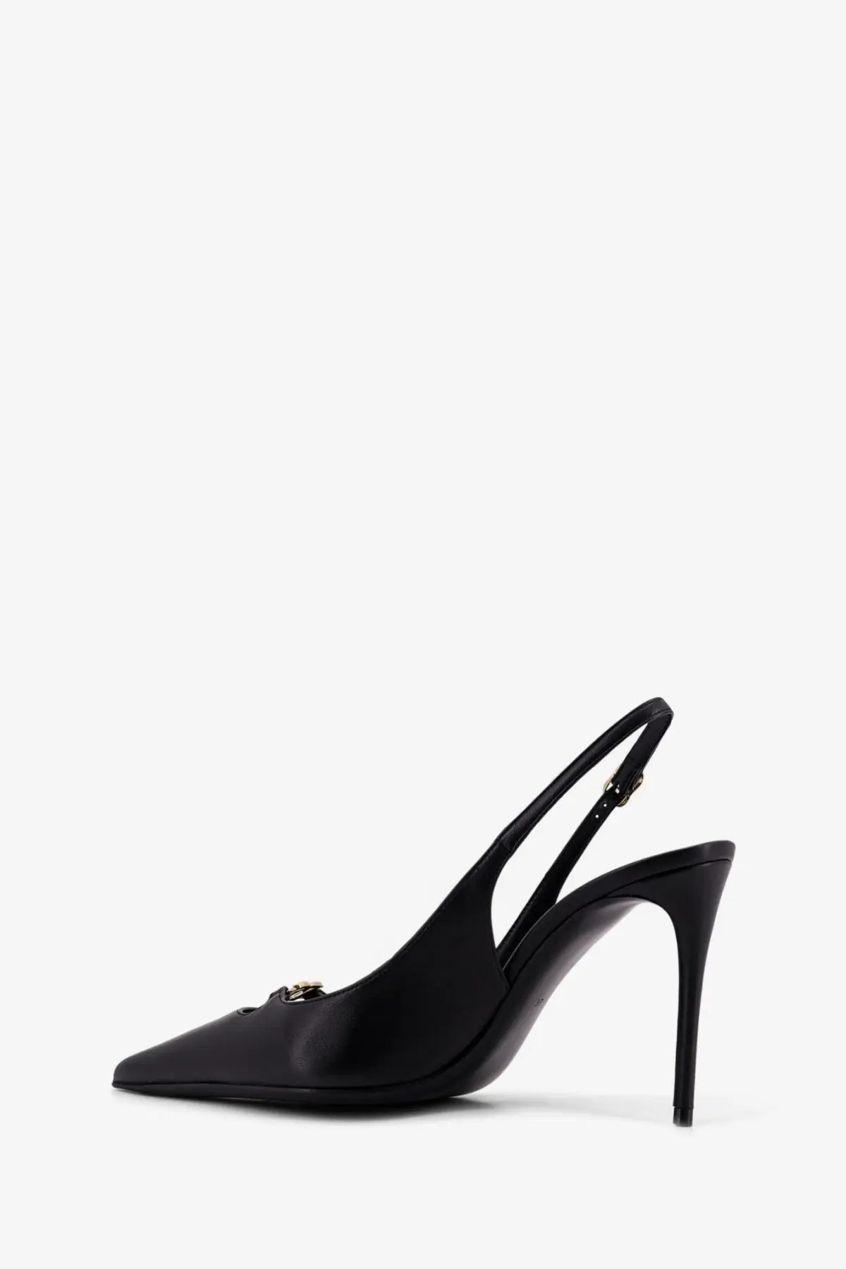 Dolce &amp; Gabbana women’s black leather pump with a black satin slingback and gold-tone logo detail at the toe