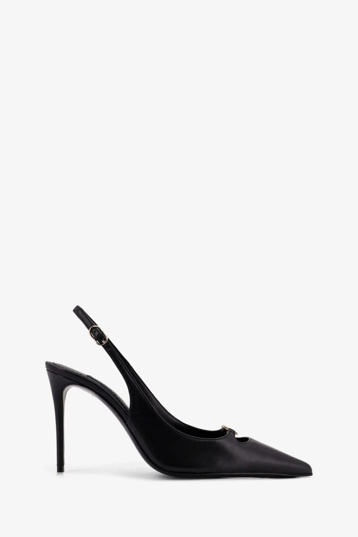 Dolce &amp; Gabbana women’s black leather pump with black satin slingback, slender heel, and gold-tone buckle detail