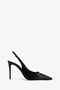 Dolce &amp; Gabbana women’s black leather pump with black satin slingback, slender heel, and gold-tone buckle detail
