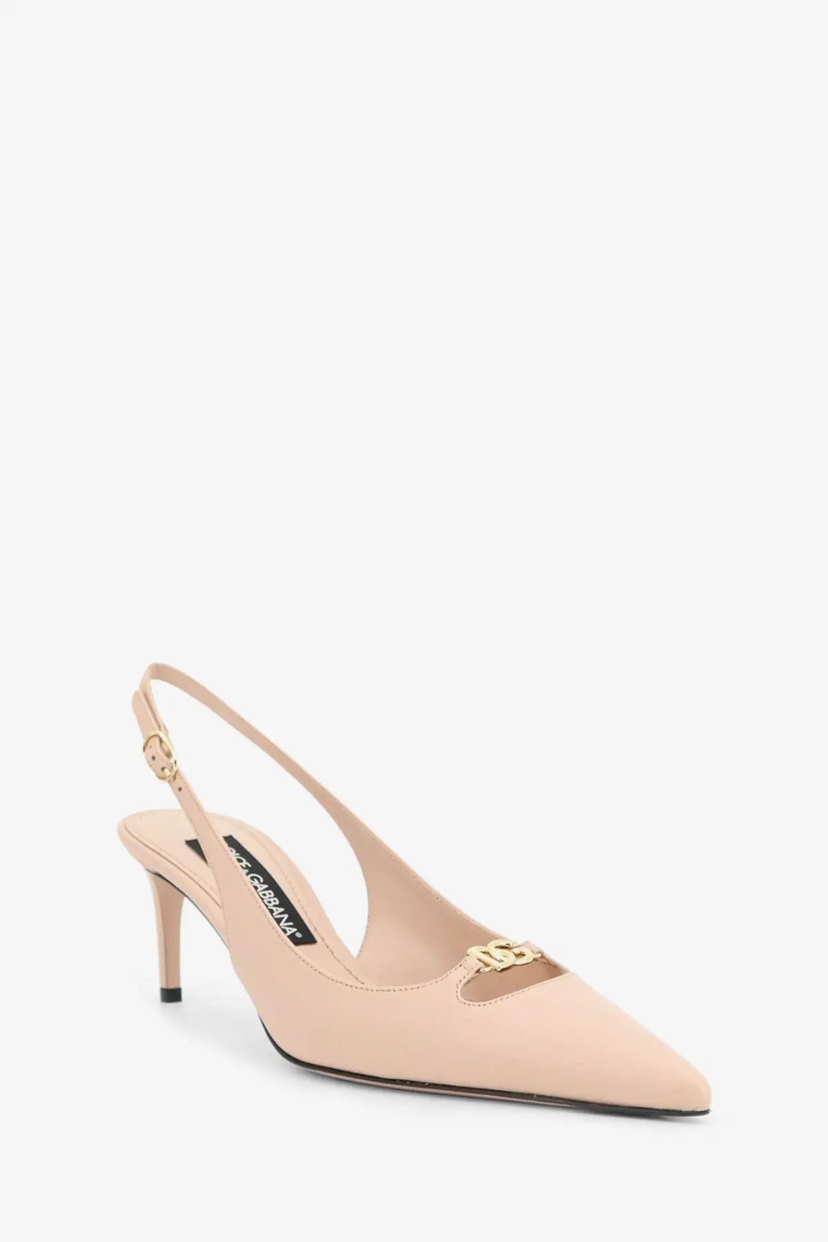 Dolce &amp; Gabbana women’s beige leather slingback pump with gold-tone logo buckle